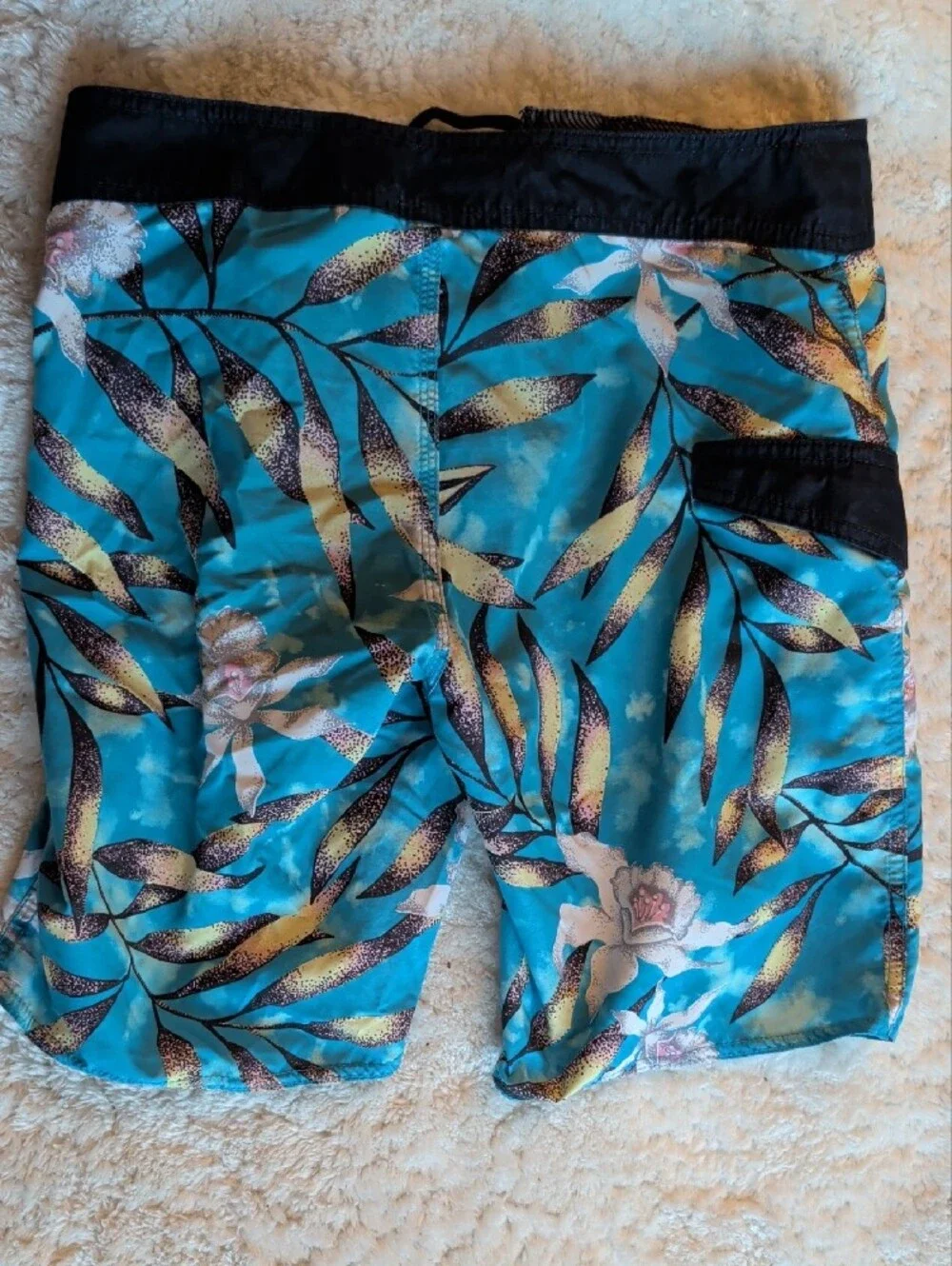 Volcom Youth Teal Floral Leaf Print Board Shorts with Black Waistband